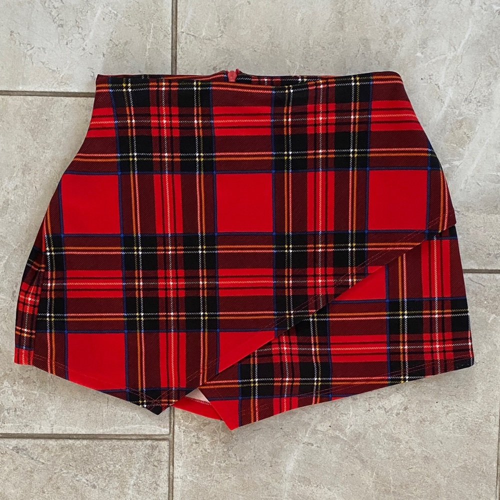 Blue Blush Red Plaid Wrap Front Skort XS